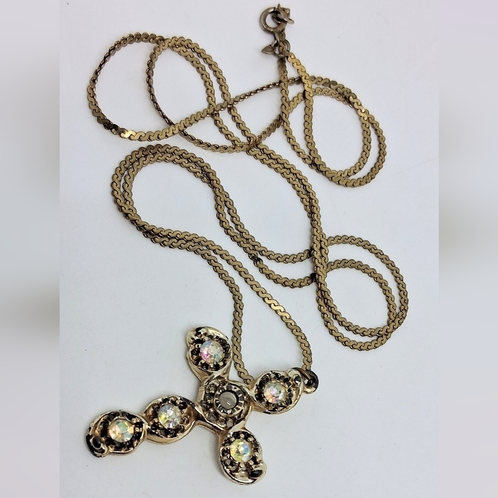 * Vintage Stanhope Lords Prayer Cross AB Crystal Gold Tone Necklace